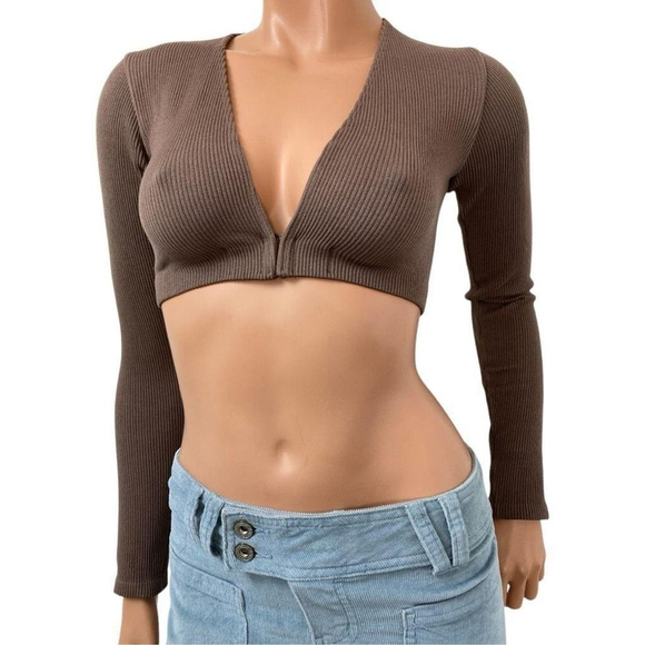 zara Sweaters - Zara Brown Ribbed Micro Crop Top Long Sleeve XS Twilightcore Earthy Grunge